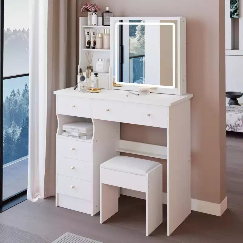 37" Left-Side Vanity Desk with Drawers, Cushioned Stool & Touch LED Mirror, White