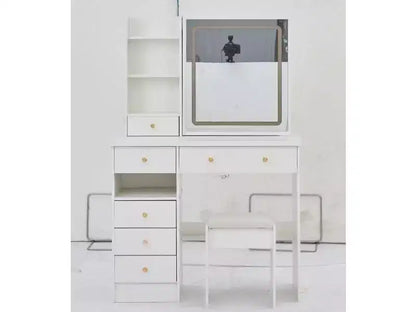 37" Left-Side Vanity Desk with Drawers, Cushioned Stool & Touch LED Mirror, White