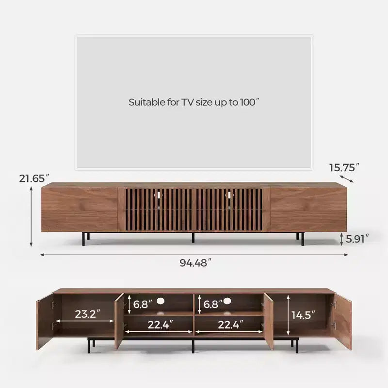 94.48" Mid-Century Modern TV Stand for TVs up to 100", Walnut Cabinets & Metal Frame