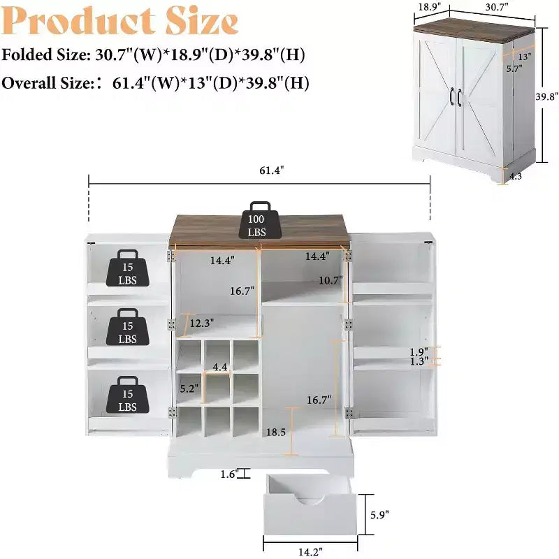 61" Farmhouse Bar Cabinet with 9 Wine Racks, Folding Storage, Rustic White