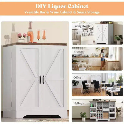 61" Farmhouse Bar Cabinet with 9 Wine Racks, Folding Storage, Rustic White