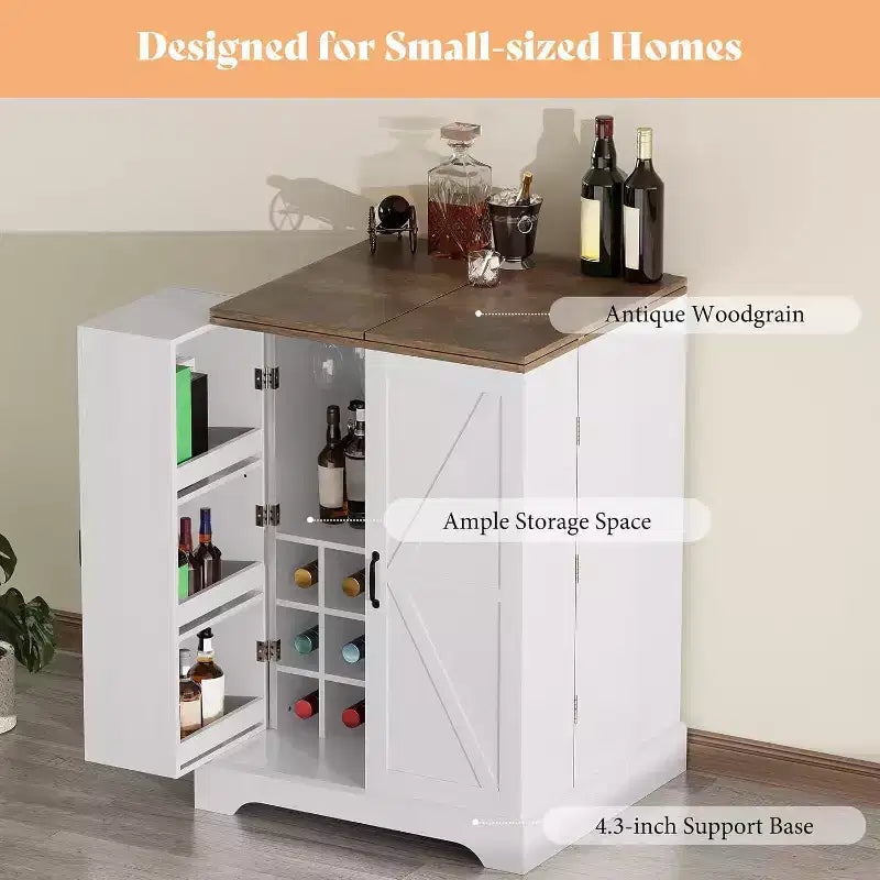 61" Farmhouse Bar Cabinet with 9 Wine Racks, Folding Storage, Rustic White