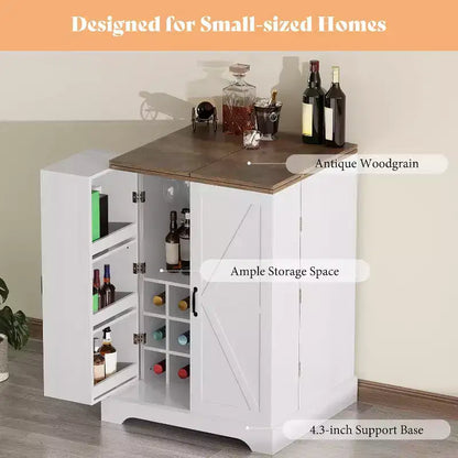 61" Farmhouse Bar Cabinet with 9 Wine Racks, Folding Storage, Rustic White