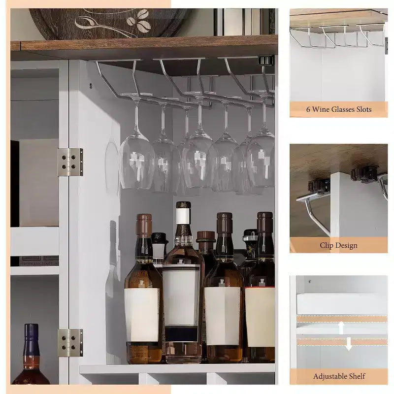 61" Farmhouse Bar Cabinet with 9 Wine Racks, Folding Storage, Rustic White