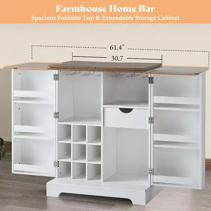 61" Farmhouse Bar Cabinet with 9 Wine Racks, Folding Storage, Rustic White
