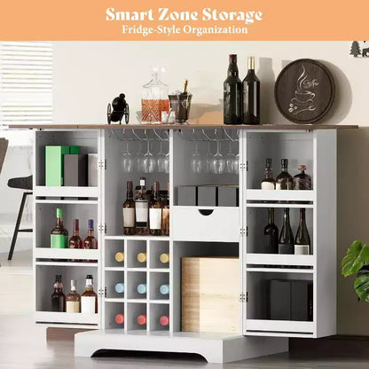 61" Farmhouse Bar Cabinet with 9 Wine Racks, Folding Storage, Rustic White