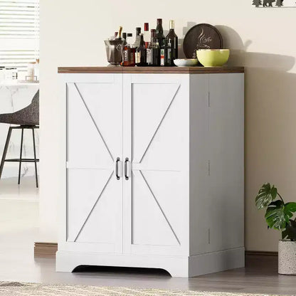 61" Farmhouse Bar Cabinet with 9 Wine Racks, Folding Storage, Rustic White