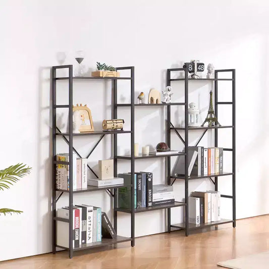 Triple Metal 11-Tier Industrial Bookshelf, Rustic Vintage Open Shelving Display