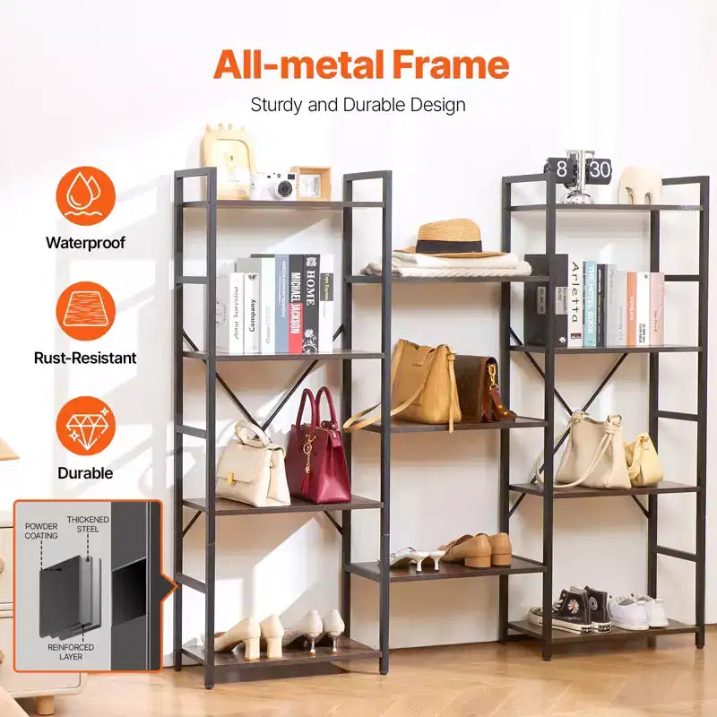 Triple Metal 11-Tier Industrial Bookshelf, Rustic Vintage Open Shelving Display