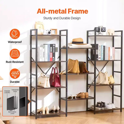 Triple Metal 11-Tier Industrial Bookshelf, Rustic Vintage Open Shelving Display