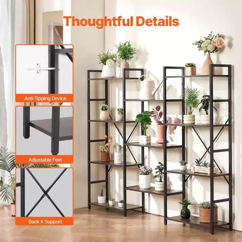Triple Metal 11-Tier Industrial Bookshelf, Rustic Vintage Open Shelving Display