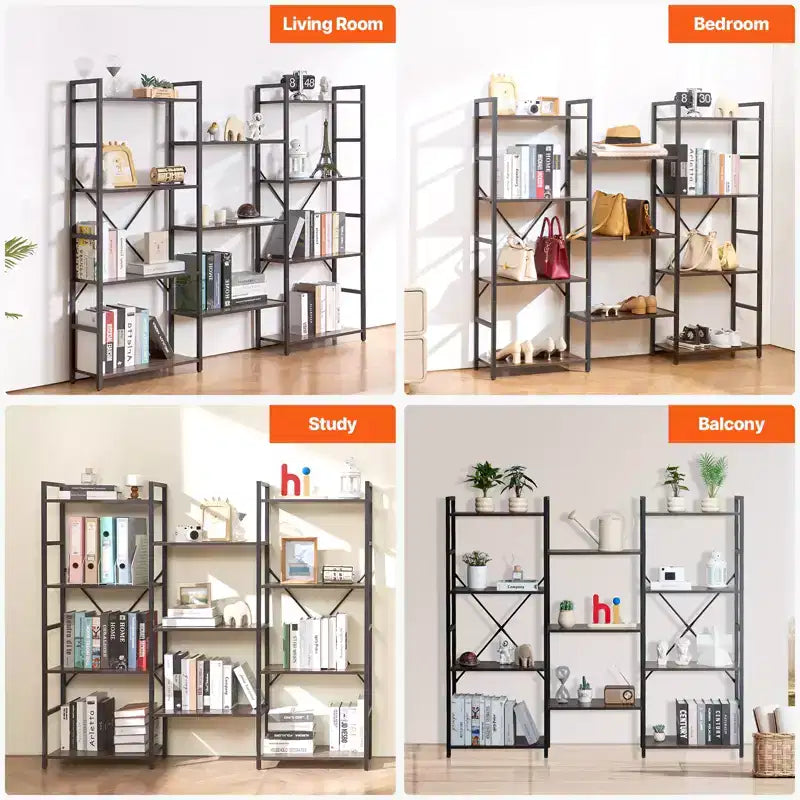 Triple Metal 11-Tier Industrial Bookshelf, Rustic Vintage Open Shelving Display
