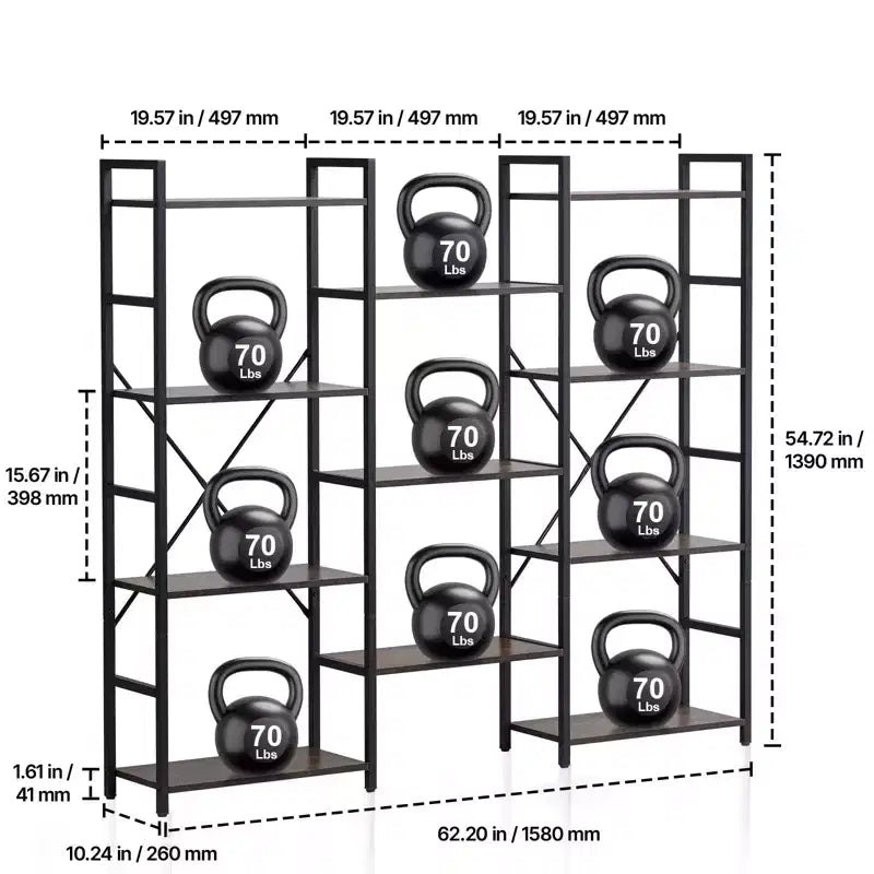 Triple Metal 11-Tier Industrial Bookshelf, Rustic Vintage Open Shelving Display