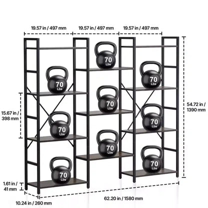 Triple Metal 11-Tier Industrial Bookshelf, Rustic Vintage Open Shelving Display
