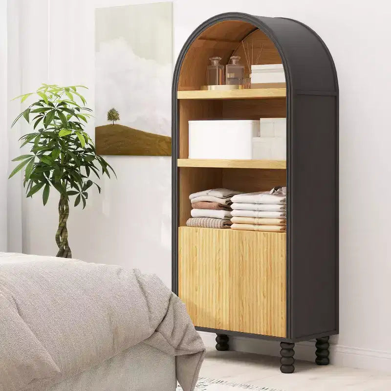 5-Tier Arched Bookcase with Open Shelves and Cabinet, Freestanding Display Storage Shelf