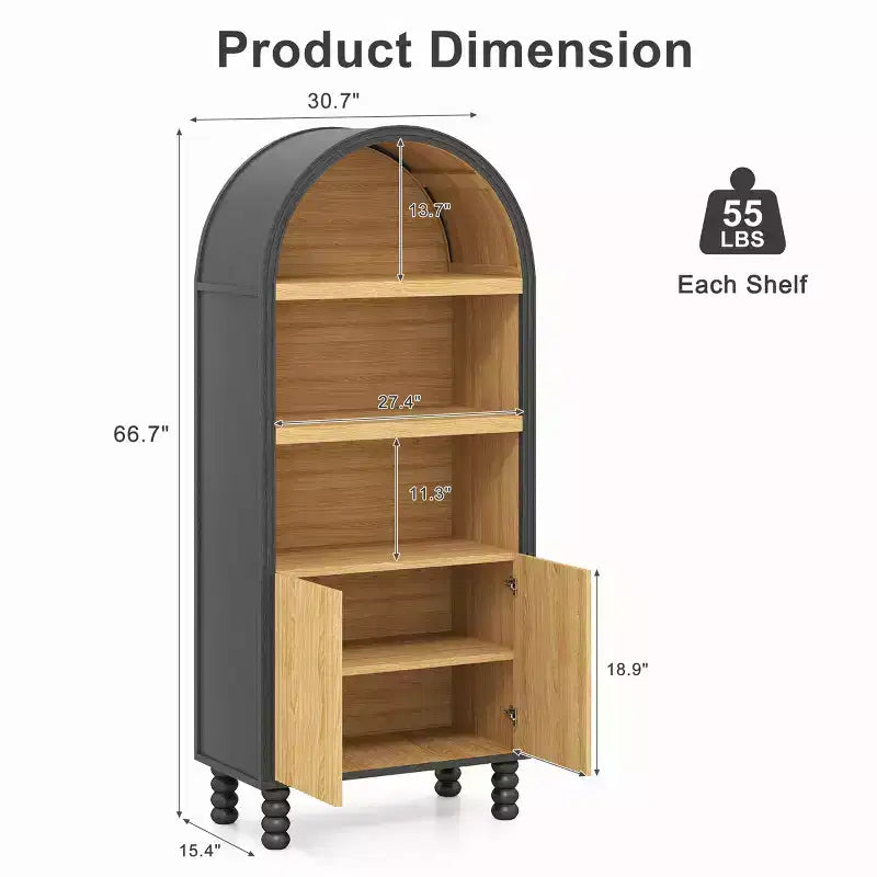 5-Tier Arched Bookcase with Open Shelves and Cabinet, Freestanding Display Storage Shelf