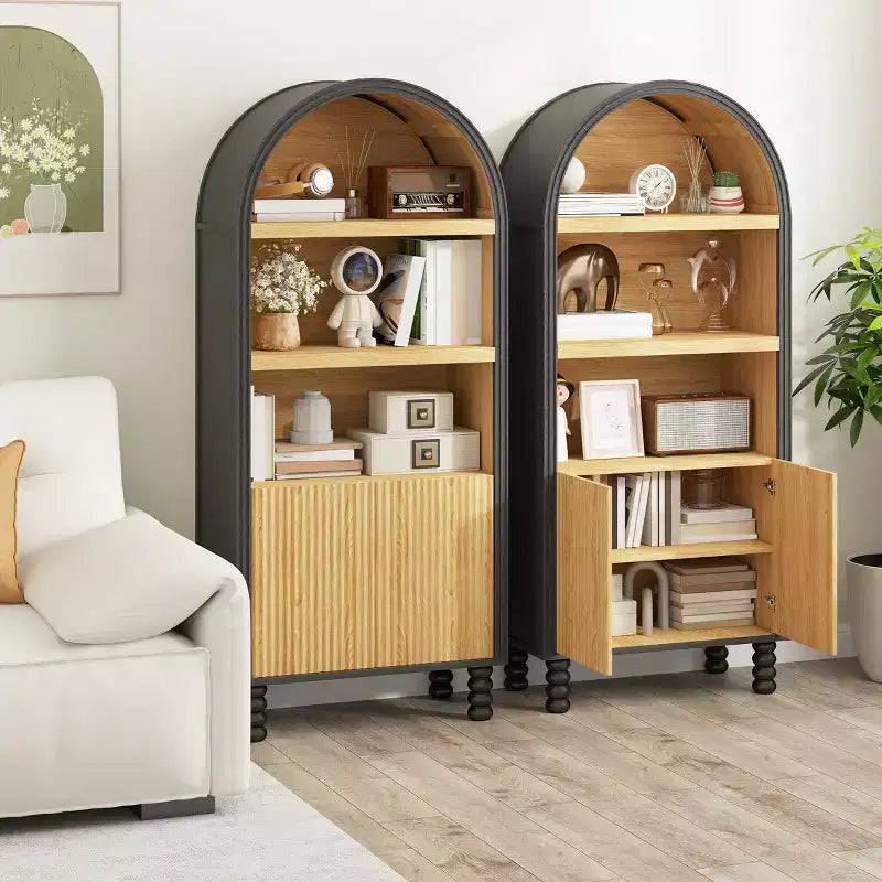 5-Tier Arched Bookcase with Open Shelves and Cabinet, Freestanding Display Storage Shelf