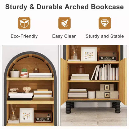 5-Tier Arched Bookcase with Open Shelves and Cabinet, Freestanding Display Storage Shelf
