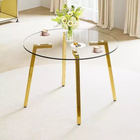 Modern minimalist style circular transparent tempered glass table, tempered glass tabletop, golden metal legs