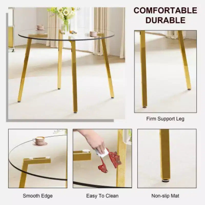 Modern minimalist style circular transparent tempered glass table, tempered glass tabletop, golden metal legs