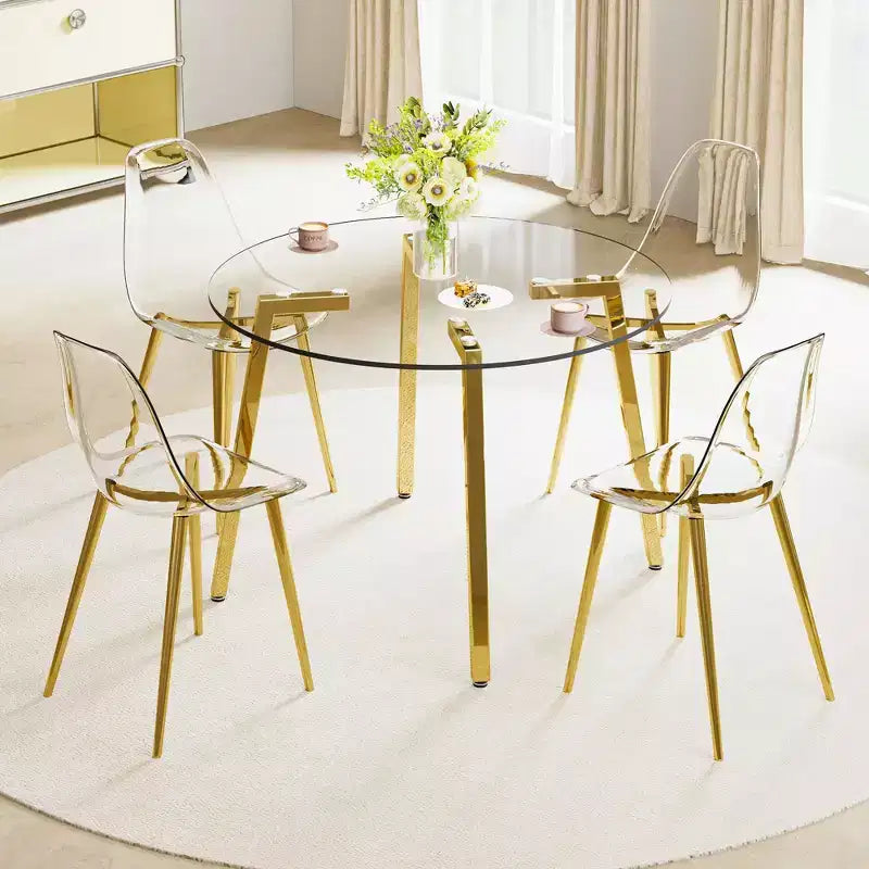 Modern minimalist style circular transparent tempered glass table, tempered glass tabletop, golden metal legs