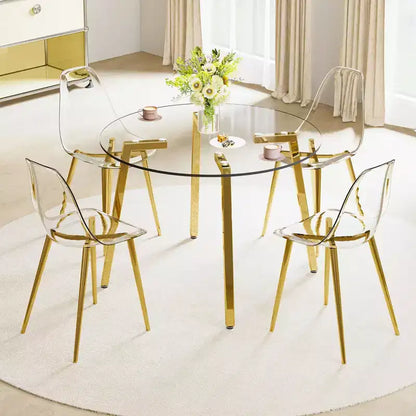 Modern minimalist style circular transparent tempered glass table, tempered glass tabletop, golden metal legs