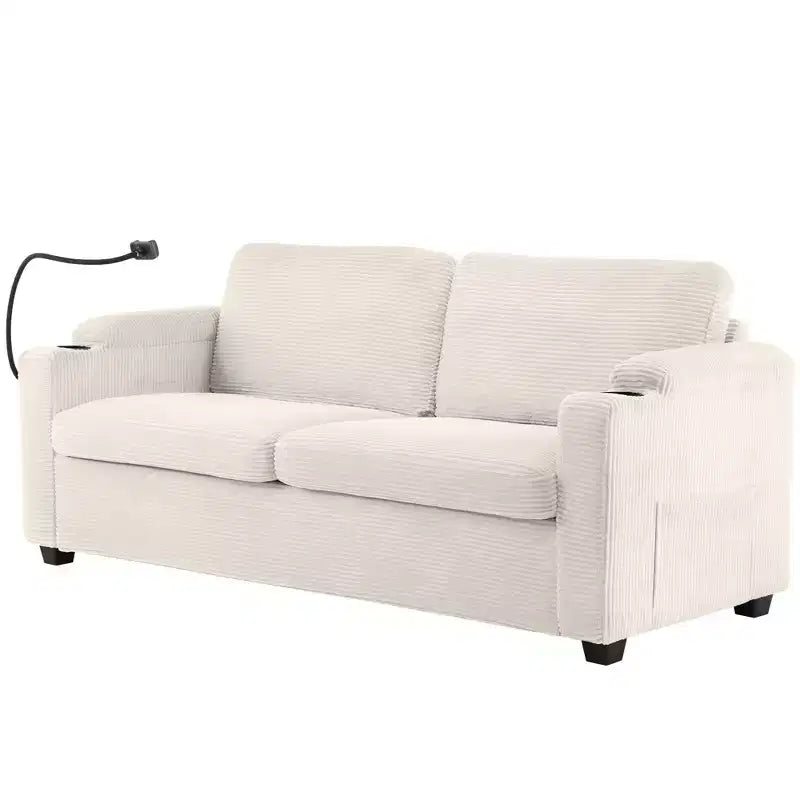 72.8" Corduroy Sleeper Loveseat with Mattress, USB Ports & Storage