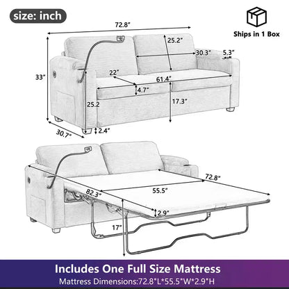 72.8" Corduroy Sleeper Loveseat with Mattress, USB Ports & Storage