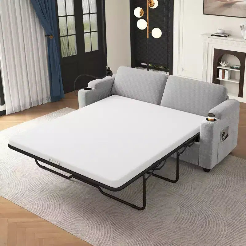 72.8" Corduroy Sleeper Loveseat with Mattress, USB Ports & Storage