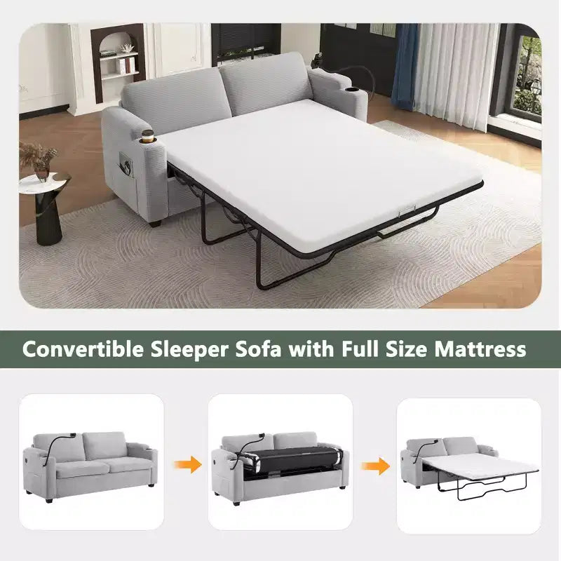 72.8" Corduroy Sleeper Loveseat with Mattress, USB Ports & Storage