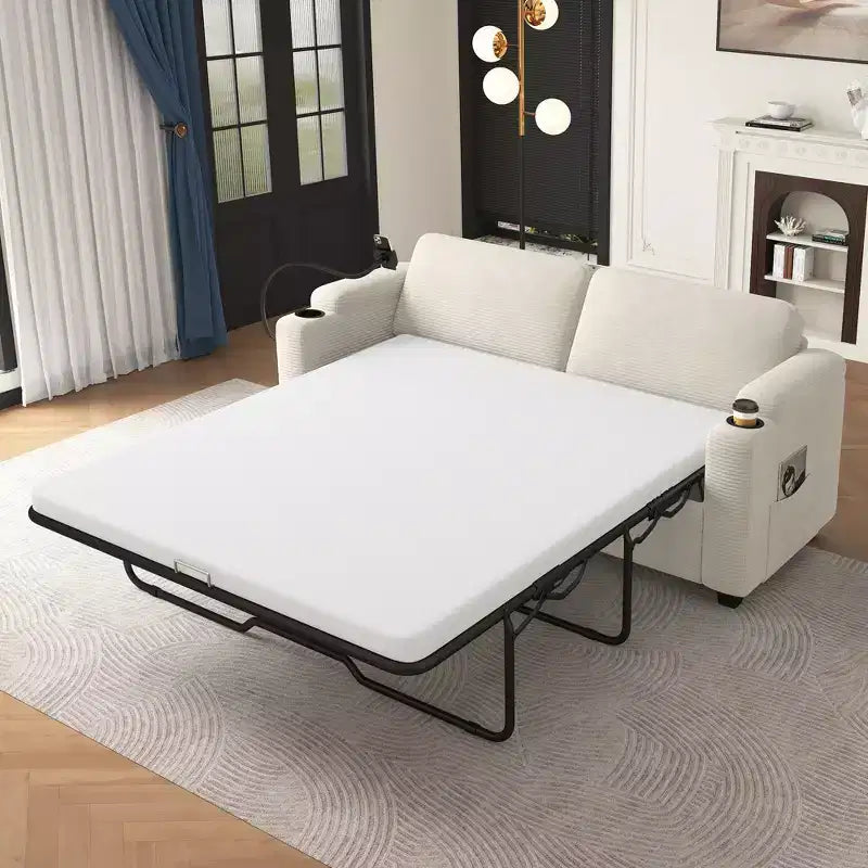72.8" Corduroy Sleeper Loveseat with Mattress, USB Ports & Storage