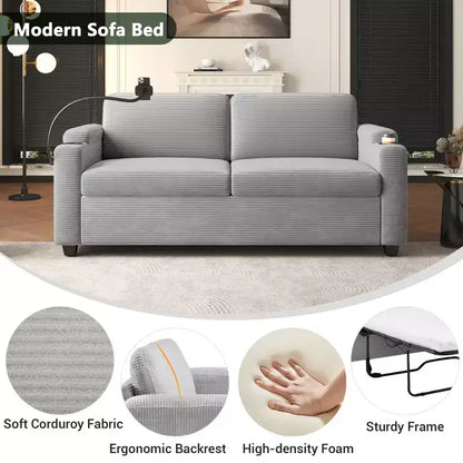 72.8" Corduroy Sleeper Loveseat with Mattress, USB Ports & Storage