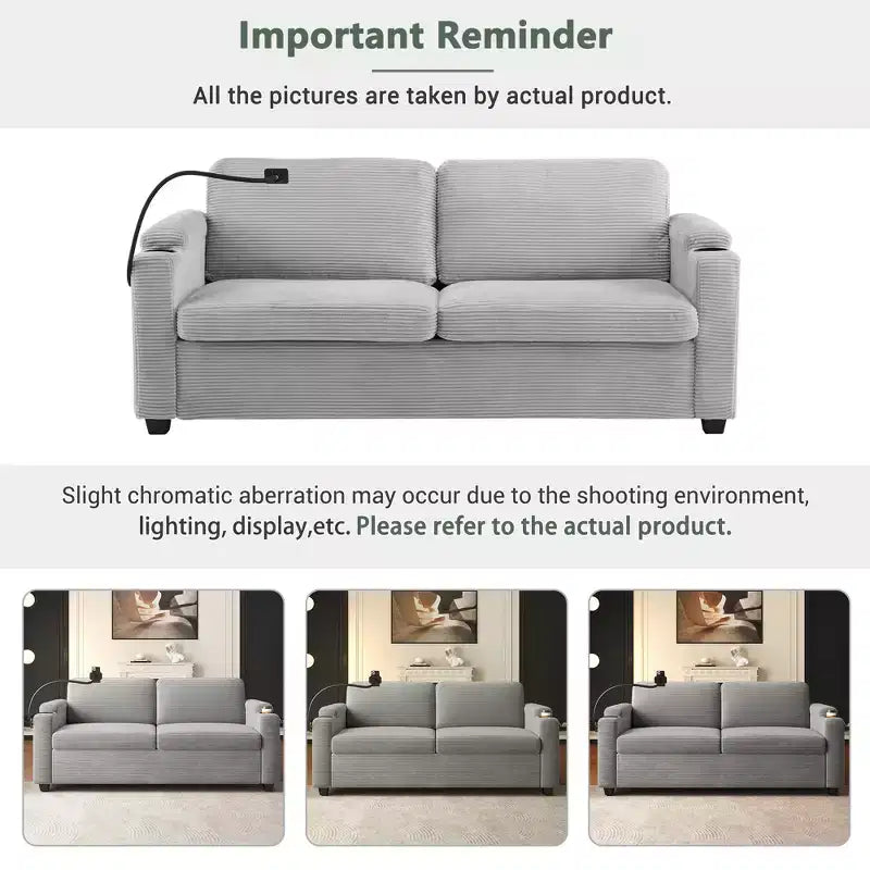 72.8" Corduroy Sleeper Loveseat with Mattress, USB Ports & Storage