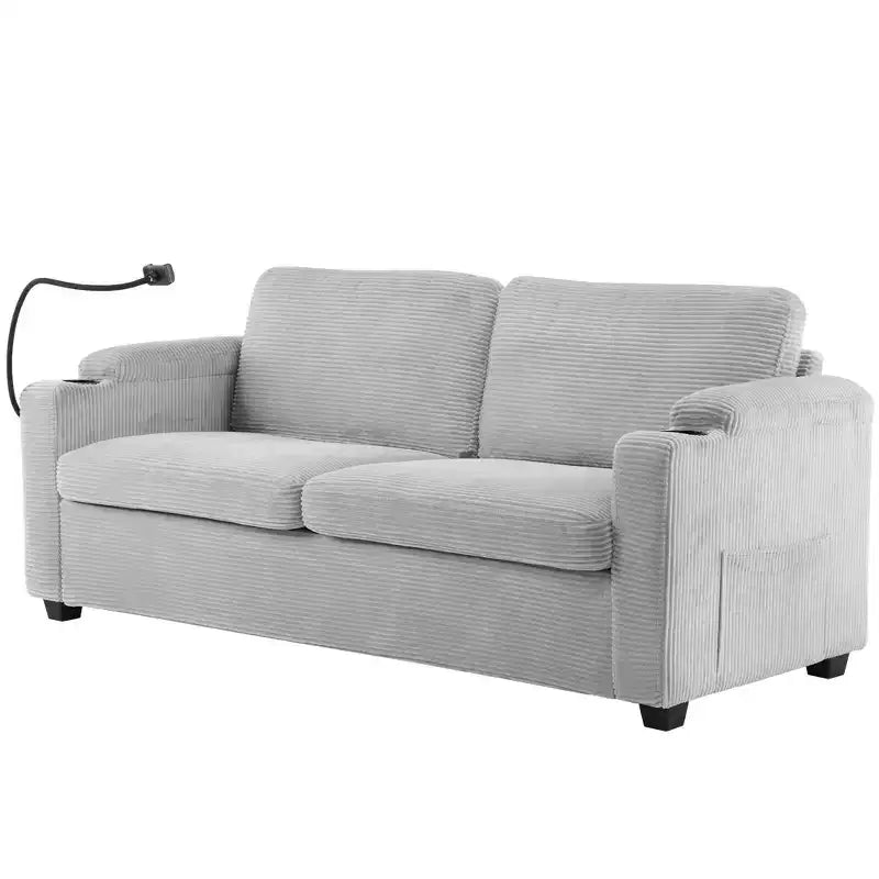72.8" Corduroy Sleeper Loveseat with Mattress, USB Ports & Storage