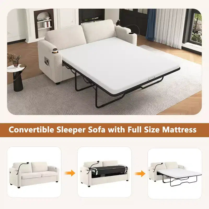 72.8" Corduroy Sleeper Loveseat with Mattress, USB Ports & Storage