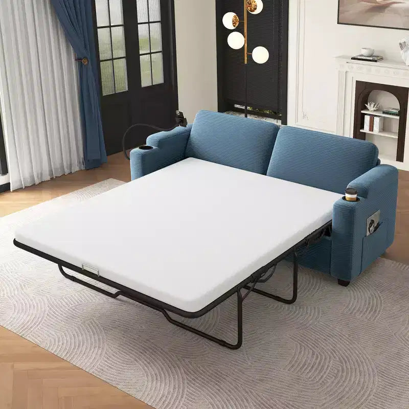 72.8" Corduroy Sleeper Loveseat with Mattress, USB Ports & Storage