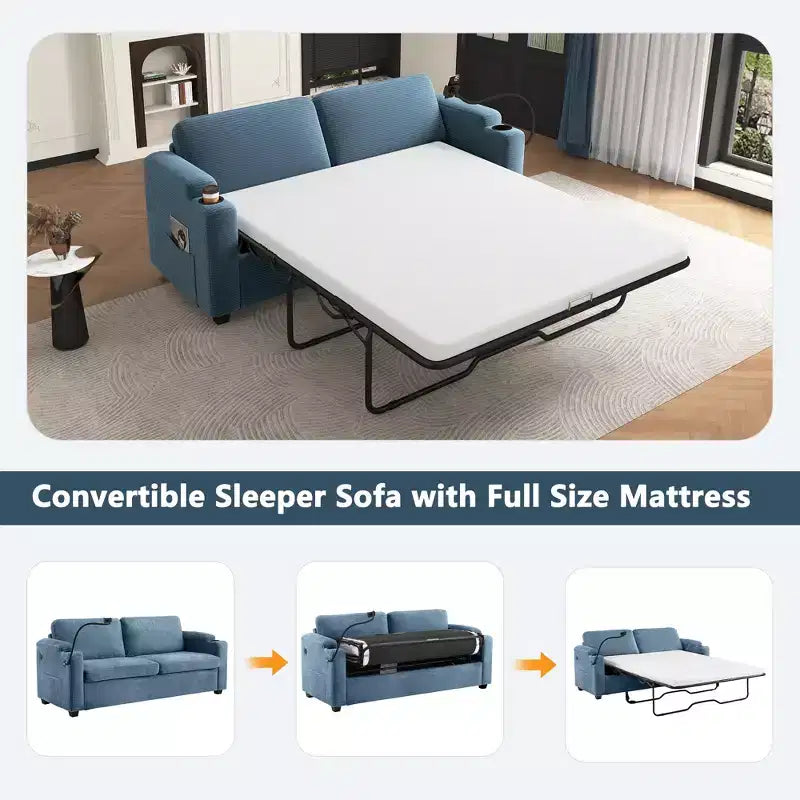 72.8" Corduroy Sleeper Loveseat with Mattress, USB Ports & Storage