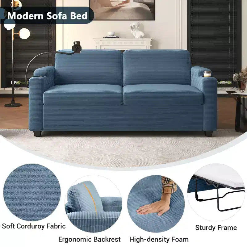72.8" Corduroy Sleeper Loveseat with Mattress, USB Ports & Storage