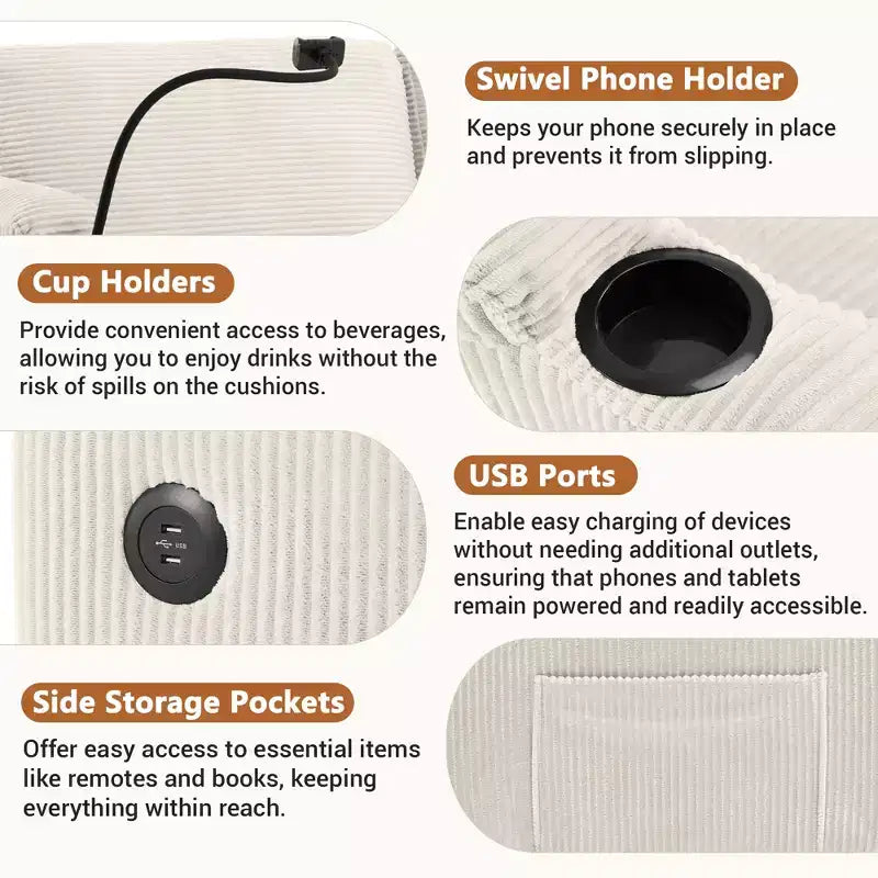72.8" Corduroy Sleeper Loveseat with Mattress, USB Ports & Storage