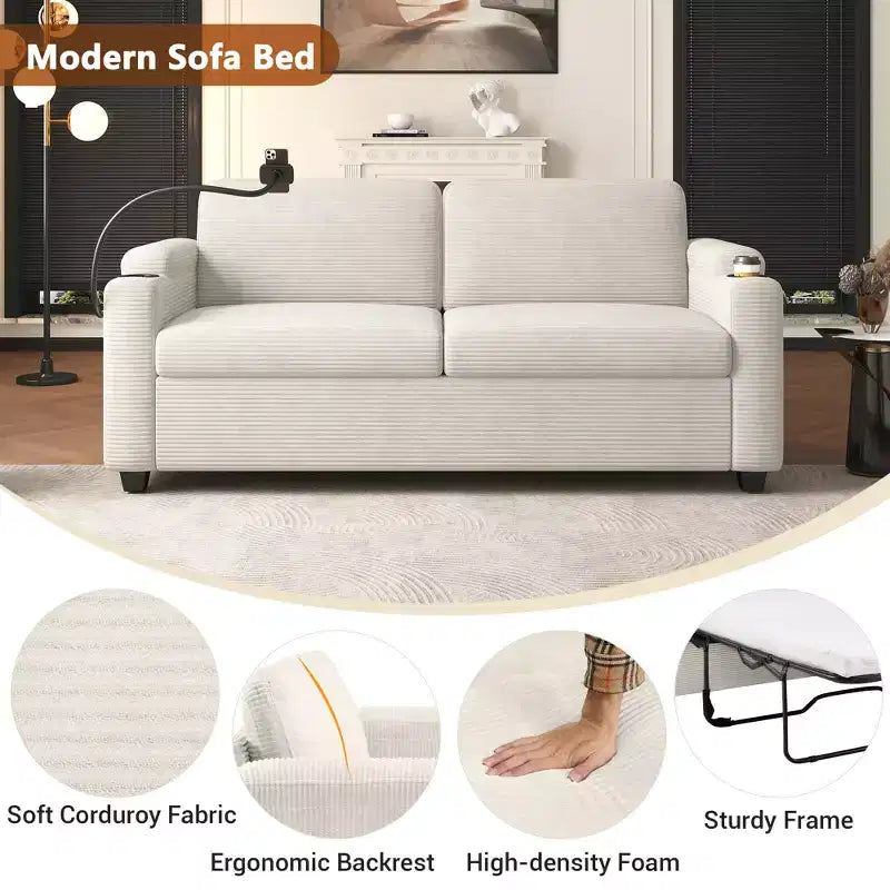 72.8" Corduroy Sleeper Loveseat with Mattress, USB Ports & Storage
