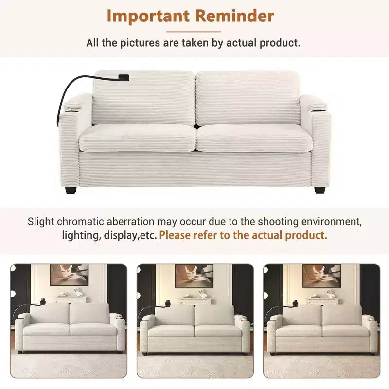 72.8" Corduroy Sleeper Loveseat with Mattress, USB Ports & Storage