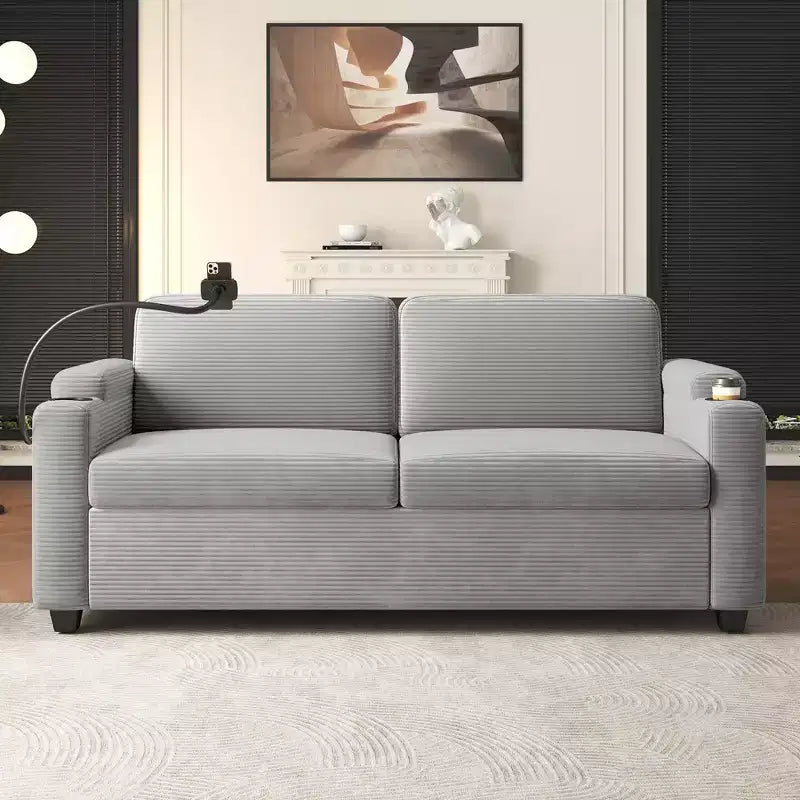 72.8" Corduroy Sleeper Loveseat with Mattress, USB Ports & Storage
