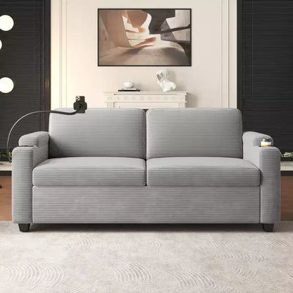 72.8" Corduroy Sleeper Loveseat with Mattress, USB Ports & Storage