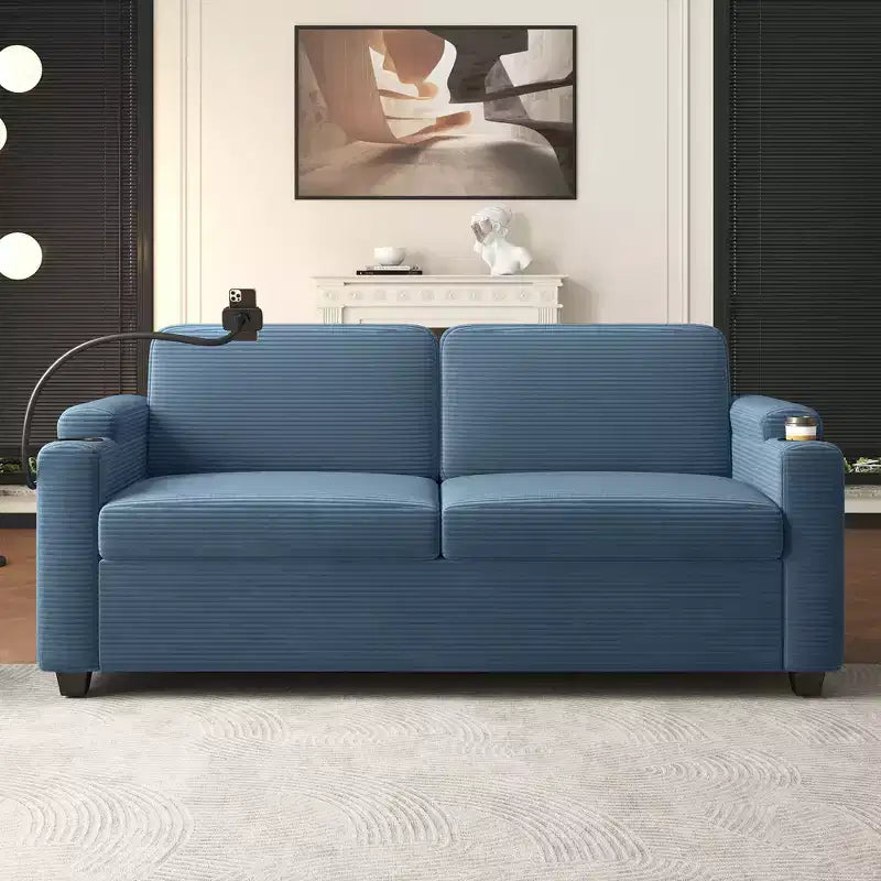 72.8" Corduroy Sleeper Loveseat with Mattress, USB Ports & Storage