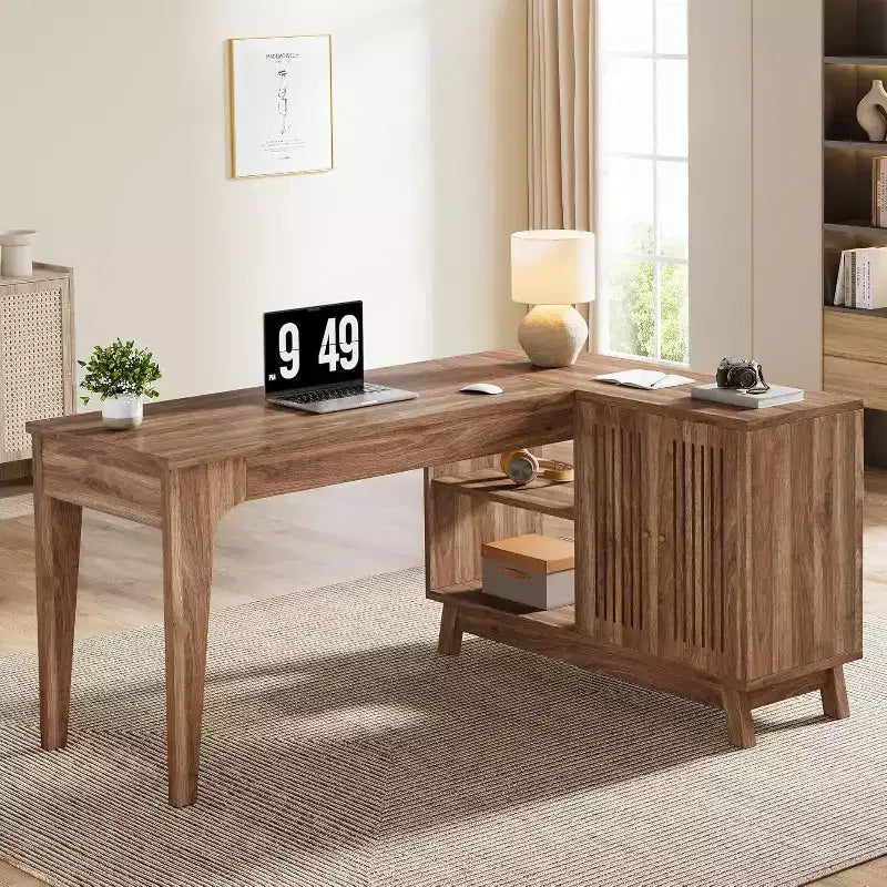 57" L-Shaped Computer Desk with Storage Cabinet for Home Office