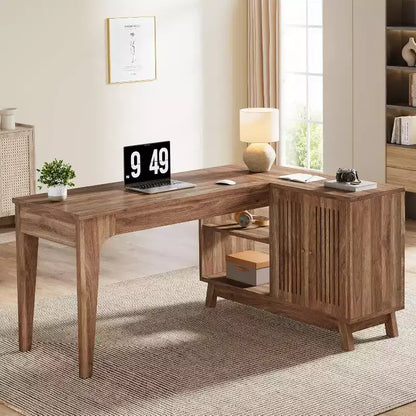 57" L-Shaped Computer Desk with Storage Cabinet for Home Office