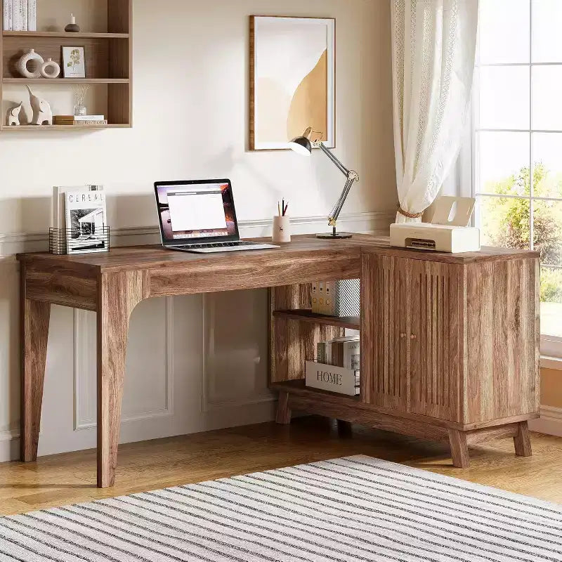 57" L-Shaped Computer Desk with Storage Cabinet for Home Office