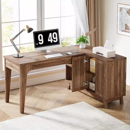 57" L-Shaped Computer Desk with Storage Cabinet for Home Office