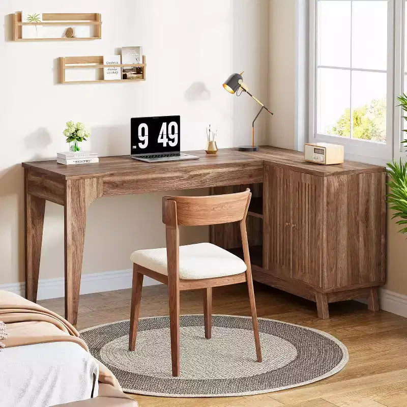 57" L-Shaped Computer Desk with Storage Cabinet for Home Office