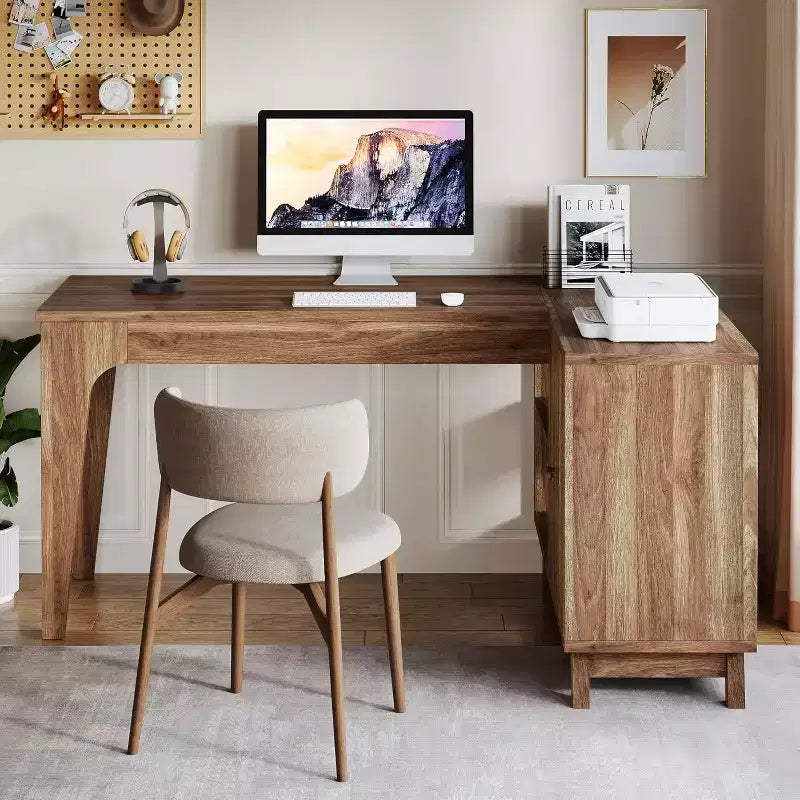 57" L-Shaped Computer Desk with Storage Cabinet for Home Office